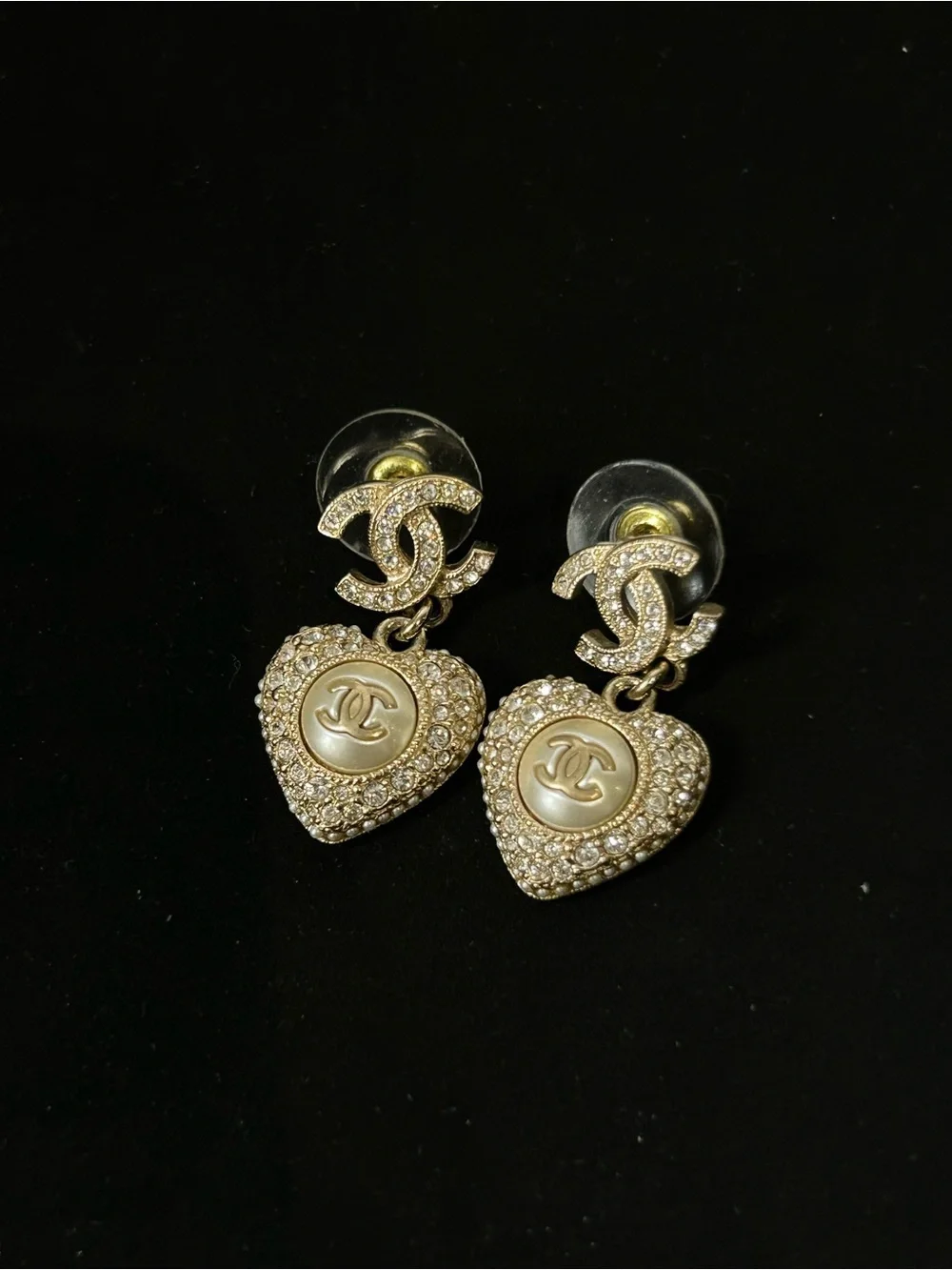 CHANEL Gold and Pearl Heart Drop CC Earrings